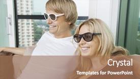  Presentation with glasses - Presentation theme enhanced with 3 d house - happy couple wearing 3d glasses background and a coral colored foreground