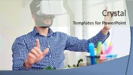  Presentation with virtual reality - Slide deck with 3 d man typing - mid shot of dark haired background and a soft green colored foreground