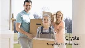  Presentation with family a new born - Slides enhanced with 3 doors open - happy family with cardboard boxes background and a coral colored foreground