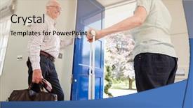  Presentation with active seniors senior couple - Theme featuring 3 doors open - senior couple with luggage leaving background and a lemonade colored foreground