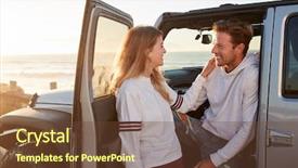  Presentation with road trip - Amazing slides having 3 doors open - young couple on road trip backdrop and a tawny brown colored foreground