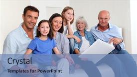  Presentation with photo album - Slide deck consisting of 3-generation family looking background and a teal colored foreground