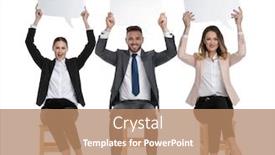  Presentation with farewell pageant speech - Beautiful theme featuring 3-happy-businessmen-holding-speech backdrop and a coral colored foreground