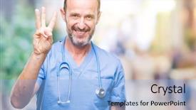  Presentation with medical smiling doctor - Slides having 3 ideas - middle age hoary senior doctor background and a light blue colored foreground