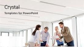  Presentation with team discussion - Slide deck featuring 3 ideas - team of business people having background and a sky blue colored foreground