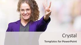  Presentation with happy young student girl holding - Audience pleasing theme consisting of 3 ideas - young brunette student girl wearing backdrop and a sky blue colored foreground
