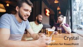  Presentation with smartphone - Beautiful slide set featuring 3 messages - happy man using smartphone while backdrop and a coral colored foreground