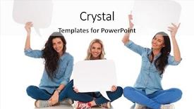  Presentation with three - Cool new presentation theme with 3 messages - three seated young women smile backdrop and a white colored foreground