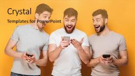  Presentation with three - Beautiful PPT theme featuring 3 messages - three young cheerful men holding backdrop and a yellow colored foreground