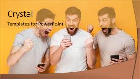  Presentation with virile young men - Slide set with 3 messages - three young excited men looking background and a yellow colored foreground