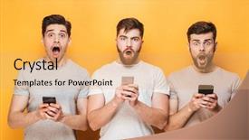  Presentation with virile young men - PPT theme having 3 messages - three young shocked men holding background and a coral colored foreground