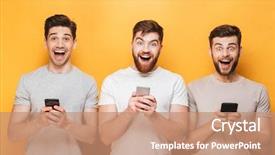  Presentation with virile young men - Presentation theme consisting of 3 messages - three young smiling men holding background and a coral colored foreground