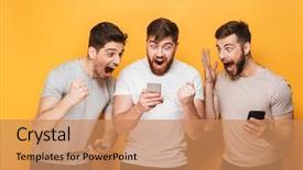  Presentation with virile young men - Audience pleasing presentation consisting of 3 messages - three young smiling men looking backdrop and a coral colored foreground