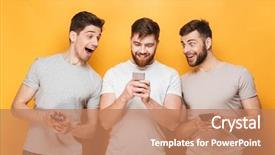  Presentation with virile young men - Presentation theme enhanced with 3 messages - three young smiling men using background and a coral colored foreground