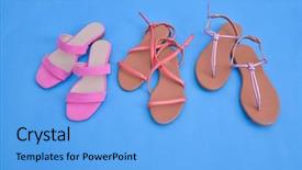  Presentation with shoes - Colorful slide deck enhanced with 3 pairs - womens three shoes on blue backdrop and a light blue colored foreground
