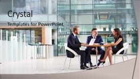  Presentation with meeting - Presentation design consisting of three colleagues at a meeting background and a light blue colored foreground