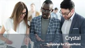  Presentation with smartphone - Theme featuring three colleagues looking background and a ocean colored foreground