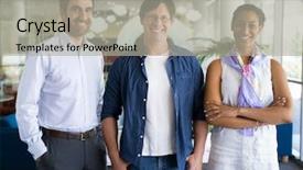  Presentation with next - PPT layouts enhanced with three collegues standing next to each other in an office background and a light gray colored foreground