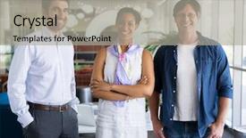  Presentation with next - Audience pleasing slide deck consisting of group 3 people talking - three collegues standing next backdrop and a light gray colored foreground