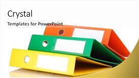  Presentation with office moves - Audience pleasing presentation design consisting of 3 ring binder - office folders isolated on white backdrop and a  colored foreground