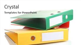  Presentation with office fruit - Colorful theme enhanced with 3 ring binder - office folders isolated on white backdrop and a  colored foreground