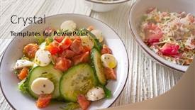  Presentation with white healthy food - PPT layouts with 3 salad mix bowls healthy food on white wood table background and a coral colored foreground