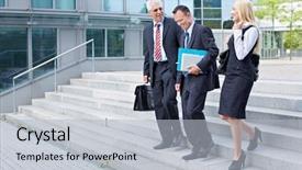  Presentation with people talking - Amazing PPT theme having 3 steps - three business people descending backdrop and a light gray colored foreground