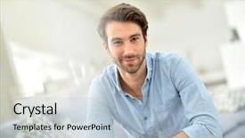  Presentation with old man - Presentation theme featuring 30s - portrait of handsome 30-year-old man background and a light blue colored foreground