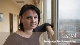  Presentation with old people - Audience pleasing slides consisting of 35 year old woman stands in front of the window real people series backdrop and a violet colored foreground