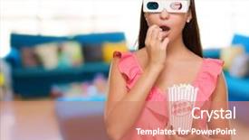  Presentation with scary movie - PPT theme with animation people - scared woman watching 3d movie background and a coral colored foreground