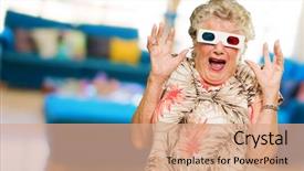  Presentation with movie marque - Slides with 3d animation film - afraid senior woman watching 3d background and a coral colored foreground