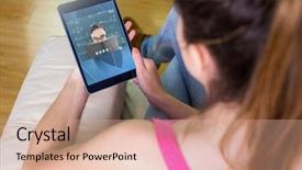  Presentation with tablet - PPT theme featuring 3d book cover - woman using tablet at home background and a coral colored foreground