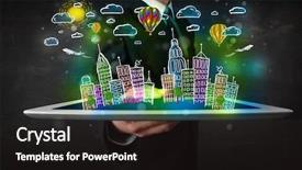  Presentation with tablet - Slide set having 3d building - young person showing tablet background and a dark gray colored foreground