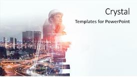  Presentation with cityscape - PPT theme enhanced with 3d building construction - builder man against cityscape background and a cool aqua colored foreground