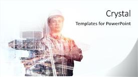  Presentation with cityscape - PPT layouts enhanced with 3d building construction - builder man against cityscape background and a white colored foreground