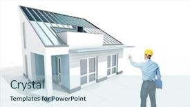 Presentation with white house - Colorful PPT theme enhanced with 3d building construction - standing engineer point 3d house backdrop and a light blue colored foreground