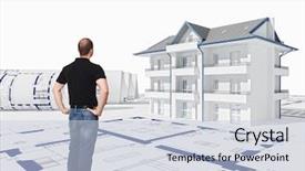  Presentation with worker - Audience pleasing PPT layouts consisting of 3d building construction - standing worker back view backdrop and a lemonade colored foreground