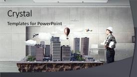  Presentation with media - Colorful PPT theme enhanced with 3d building construction - young engineer man mixed media backdrop and a light gray colored foreground