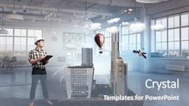  Presentation with media - Amazing slide set having 3d building construction - young engineer man mixed media backdrop and a seafoam green colored foreground