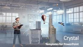  Presentation with media - Presentation theme with 3d building construction - young engineer man mixed media background and a seafoam green colored foreground