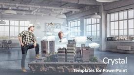  Presentation with media - Slides consisting of 3d building construction - young engineer man mixed media background and a gray colored foreground