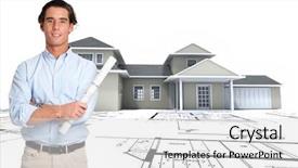  Presentation with house building plans - Beautiful presentation design featuring 3d building construction - young man with a roll backdrop and a  colored foreground