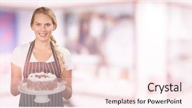  Presentation with cake - PPT theme featuring 3d cakes - portrait of young woman holding background and a  colored foreground