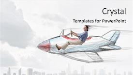  Presentation with airplane - PPT theme enhanced with 3d character - woman in drawn airplane mixed background and a white colored foreground