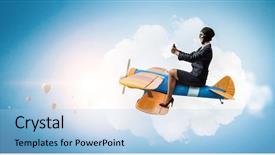  Presentation with airplane - Beautiful PPT theme featuring 3d character - woman in drawn airplane mixed backdrop and a light blue colored foreground