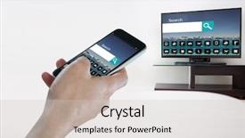  Presentation with phone - PPT layouts enhanced with 3d crystal graphics - close-up of hand holding mobile background and a light gray colored foreground