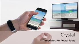  Presentation with man holding phone - Colorful PPT layouts enhanced with 3d crystal graphics - close-up of man holding mobile backdrop and a coral colored foreground