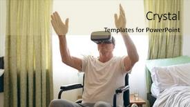  Presentation with virtual reality - Slide set having 3d curtain - front view of senior caucasian background and a lemonade colored foreground