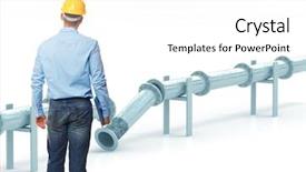  Presentation with pipeline - Colorful theme enhanced with 3d engineering - standing caucasian engineer and broken backdrop and a  colored foreground