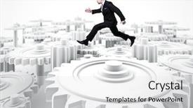  Presentation with gear - PPT layouts consisting of probl mes - caucasian man jump over 3d background and a white colored foreground